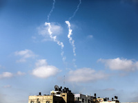 Smoke trails of rocket fired from the Gaza Strip towards the east of Israel, in the June 30, 2014. (