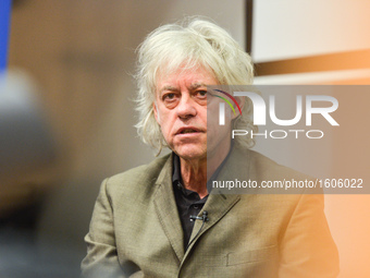 Sir Bob Geldof, an Irish singer, songwriter, author, occasional actor, and political activist, speaks to students at the Trinity Law Society...