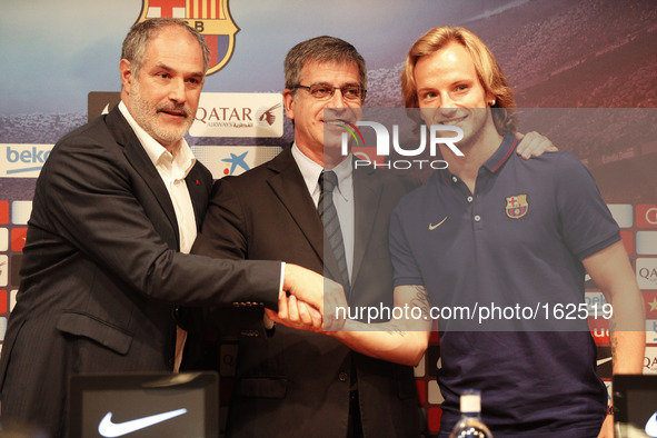 BARCELONA-SPAIN July -1. Andoni Zubizarreta and Jordi Mestre in the presentation of the new FC Barcelona player, Ivan Rakitic, ??on July 2,...