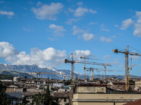 A general view of L'Aquila City with many cranes, the reconstruction process is starting, on July 2, 2014. (