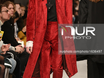 A model walks the runway at John Lawrence Sullivan during London Fashion Week Men's January 2017 collections at BFC Show Space on January 9,...