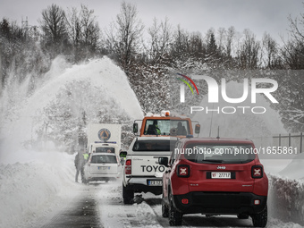 Aid Vehicles reach the zone affected by earthquake, Italy, on January 19, 2017. A great deal of snow has fallen in the area, which was hit b...