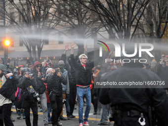 Protests erupt after Donald Trump becomes the 45th President of the United States, on January 20th, 2017, in Washington D.C. (Photo by Basti...