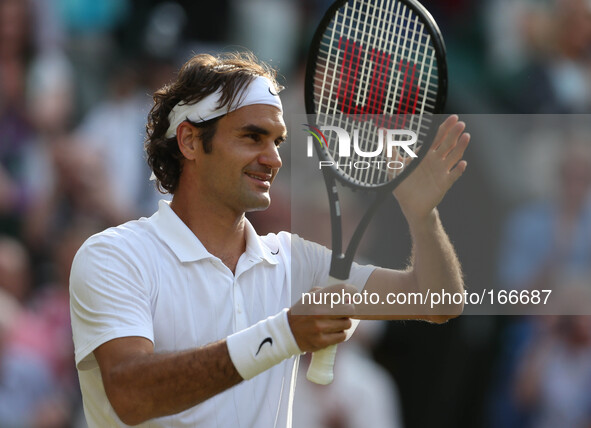 (140705) -- LONDON, July 5, 2014 () -- Roger Federer of Switzerland celebrates after winning the men's singles semifinal match against Milos...