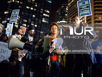 Protestors at Dillworth Park, near City Hall, Philadelphia, PA,  use a bullhorn as they react to a jury decision in the case of the 18-year...