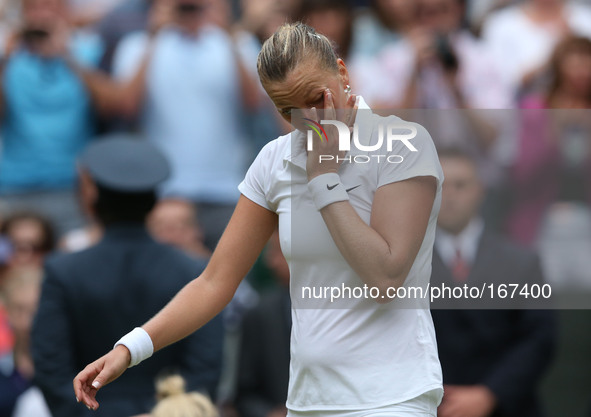 (140705) -- LONDON, July 5, 2014 () -- Czech Republic's Petra Kvitova reacts after the women's singles final match against Canada's Eugenie...