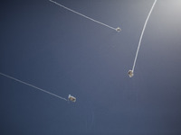 The Iron Dome antimissile system intercepting rockets fired from Gaza over the city of Sderot, in southern Israel, on July 10th, 2014. (