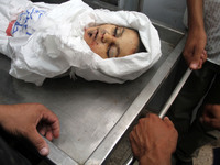 The body of a Palestinian child Abdul Rahman Khatab of Deir al-Balah in the central Gaza Strip were killed during an Israeli raid on his hom...