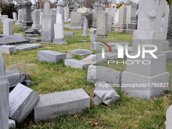 Headstones are seen laying flat at Han Nebo Jewish Cemetery in Northwest Philadelphia, PA, on Feb. 27, 2017. Over the weekend hundreds of he...
