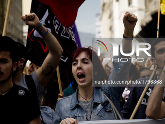 Students shout slogans during a protest in Barcelona  demanding  a reduction of 30% in university fees on second March, 2017.  (