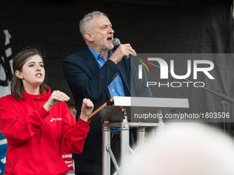 Labour Leader Jeremy Corbyn addresses thousands of protesters in Parliament Square during a demonstration in support of the NHS on March 4,...