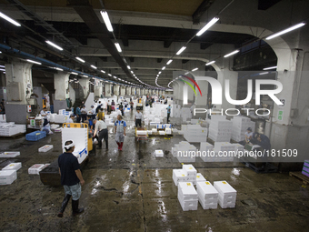 TOKYO, Japan A view inside the covered market on july 7, 2014. The Tsukiji fish market located in Tokyo, handling almost 3000 tons of fish p...