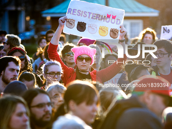Kathleen Moyer, of NorthEast Philadelphia, holds up a sign as she stands in the crowd at Logan Square as hundreds take part in a Women's Str...