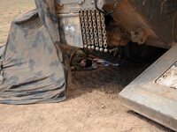 UNSPECIFIED, ISRAEL - JULY 19, 2014: An Israeli soldier sleeps under an APC in an army deployment area near Israel's border with the Gaza St...