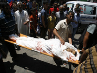 Palestinian relatives and friends carry a body during the funeral of nine members of the Siam family, who were killed in an Israeli air stri...