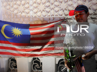 An unidentified young boy holds a bouquet of flowers against a Malaysian flag hanged on a make shift memorial wall during a special vigil pr...