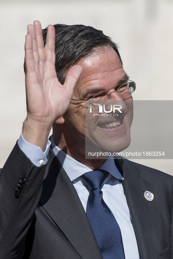 Dutch Prime Minister Mark Rutte waves as he arrives for an EU summit at the Palazzo dei Conservatori in Rome on Saturday, March 25, 2017. EU...