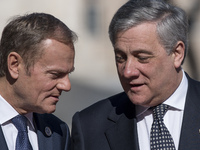 President of European Parliament Antonio Tajani, right, speaks with European Council President Donald Tusk during arrivals for an EU summit...