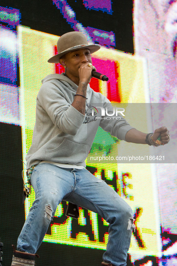 Pharrell Williams performs on the main stage at T in the Park Festival, Balado, Scotland UK on 12th July 2014
