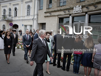 KIEV, UKRAINE - JULY 23: Ambassador of the Kingdom of The Netherlands in Ukraine Kees Klompenhouwer(center) passes by the Embassy building a...
