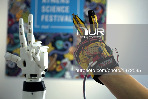 A robotic hand named “Hand of Rob” constructed by 15 year old student Thanos Tziatzioulis during Athens Science Festival in Athens, Greece,...