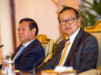 Sam Rainsy, president of Cambodia National Rescue Party attend the meeting with Prime Minister Hun Sen at Senate in Phnom Penh on 21, July 2...