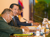 Cambodian Prime Minister Hun Sen talks during the meeting with President of Cambodia National Rescue Party at Senate in Phnom Penh on 21, Ju...