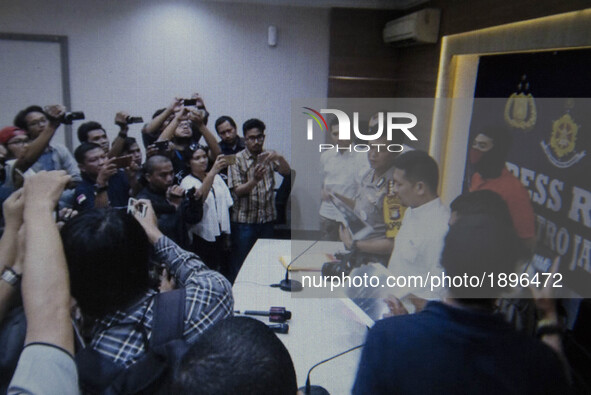 Evidence of a camera from an Indonesian Journalist displayed at South Jakarta Police HQ in Jakarta, Indonesia, on 13 April 2017. Violence to...