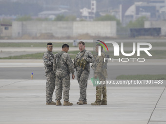 Military soldiers wait for their vice president at the Osan military Airport, South Korea. U.S. Vice President Mark Pence will travel to the...