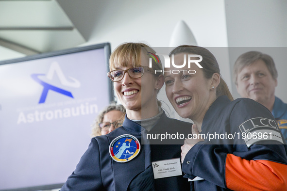Nicola Baumann (R) and Insa Thiele-Eich (L) pose for the photographers after having been nominated as the next German female astronauts in B...