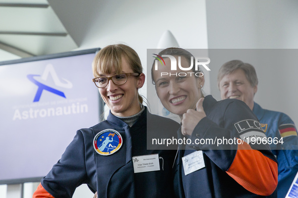 Nicola Baumann (R)  and Insa Thiele-Eich (L) pose for the photographers after having been nominated as the next German female astronauts in...
