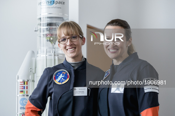 Nicola Baumann (R) and and Insa Thiele-Eich (L) pose for the photographers after having been nominated as the next German female astronauts...