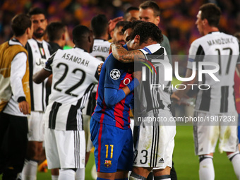 Neymar Jr. crying, comforted by Dani Alves at the end of the UEFA Champions League match between F.C. Barcelona v Juventus, in Barcelona, on...
