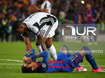 Neymar Jr. crying, comforted by Mario Lemina at the end of the UEFA Champions League match between F.C. Barcelona v Juventus, in Barcelona,...