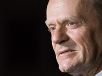 Former Polish Prime Minister, President of the European Council Donald Tusk during the press conference after leaving the prosecutor's offic...