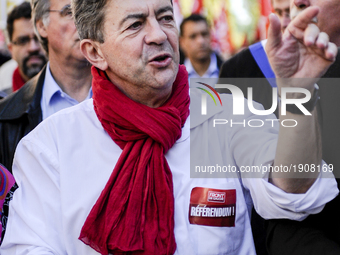 French 'Parti de Gauche' (PG) far-left party's leader, Jean-Luc Melenchon (C) pictured during a demonstration called by French leftist parti...