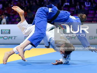 Majlinda Kelmendi (KOS, white), Chelsie Giles (GBR, blue),  compete during the European Judo Championships in Warsaw, April 20, 2017.  (