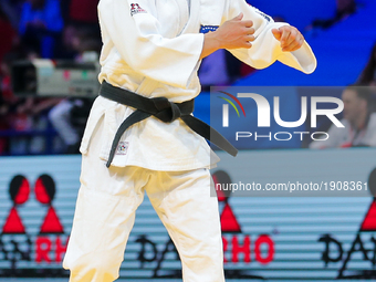 Majlinda Kelmendi (KOS, white),  compete during the European Judo Championships in Warsaw, April 20, 2017.  (