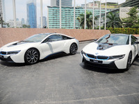 A BMW i8 is seen on the street in Jakarta, Indonesia, on April 20, 2017. BMW i8 Protonic Red Edition is the only unit in Indonesia will be s...