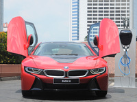 A BMW i8 is seen on the street in Jakarta, Indonesia, on April 20, 2017. BMW i8 Protonic Red Edition is the only unit in Indonesia will be s...