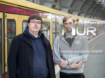 Wilhelm Nadolny (L) und Sascha Straesser (R) pose for a picture in Ostbahnhof train station in Berlin, Germany on April 20, 2017. The two wo...