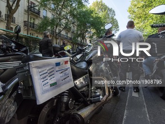 Bikers in Paris, on April 20, 2017 protest against Candidate of French Presidential Election 2017 Jean-Luc Mélenchon at the Headquarter of c...