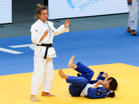 Majlinda Kelmendi (KOS, white), Joana Ramos (POR, blue),  compete in women under 52kg competition during the European Judo Championships in...