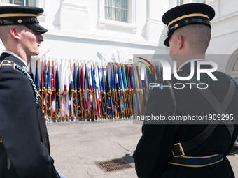 The Honor Guard flags rest on the wall of the White House before the arrival of Prime Minister Paolo Gentiloni of Italy, On Thursday, April...
