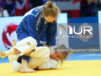 Karolina Talach (POL, white), Sanne Vermeer (NED, blue), fight during the 2017 Warsaw European Judo Championships (20-23 April) at the Torwa...