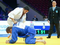 Lasha Shavdatuashvili (GEO, white), Serhiy Drebot (UKR, blue), fight during the 2017 Warsaw European Judo Championships (20-23 April) at the...