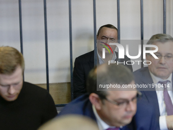 Ukrainian ex-lawmaker Mykola Martynenko, who is under investigation over the suspected embezzlement, is seen inside the defendant's cage dur...