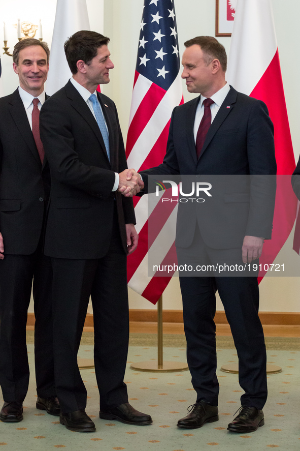 Polish President Andrzej Duda (R) and Speaker of the United States House of Representatives Paul Ryan (L) during their meeting in the Presid...