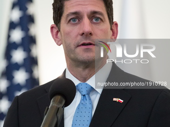 Speaker of the United States House of Representatives Paul Ryan speaks to the media after a meeting with Polish President Andrzej Duda in th...