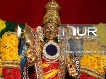 Adorned idol of Lord Murugan during the Tamil Hindu New Year at a Hindu temple in Ontario, Canada.  (